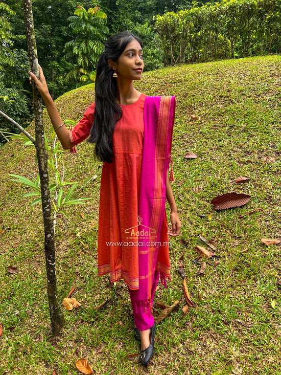 Teen Chudithars - Gold Yellow - Coral Orange - Bright Fuchsia Pinki